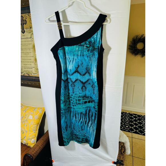 Frank Lyman Tourqoise Snake Print Sequins Gold Detail BodyCon Fitted Dress Sz 10 - Picture 8 of 13